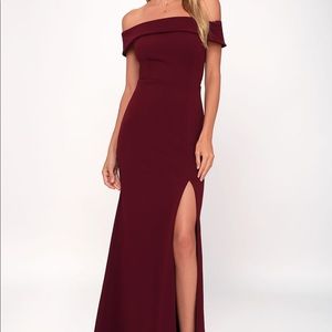 Lulus Aveline Burgundy Off-the-Shoulder Maxi Dress